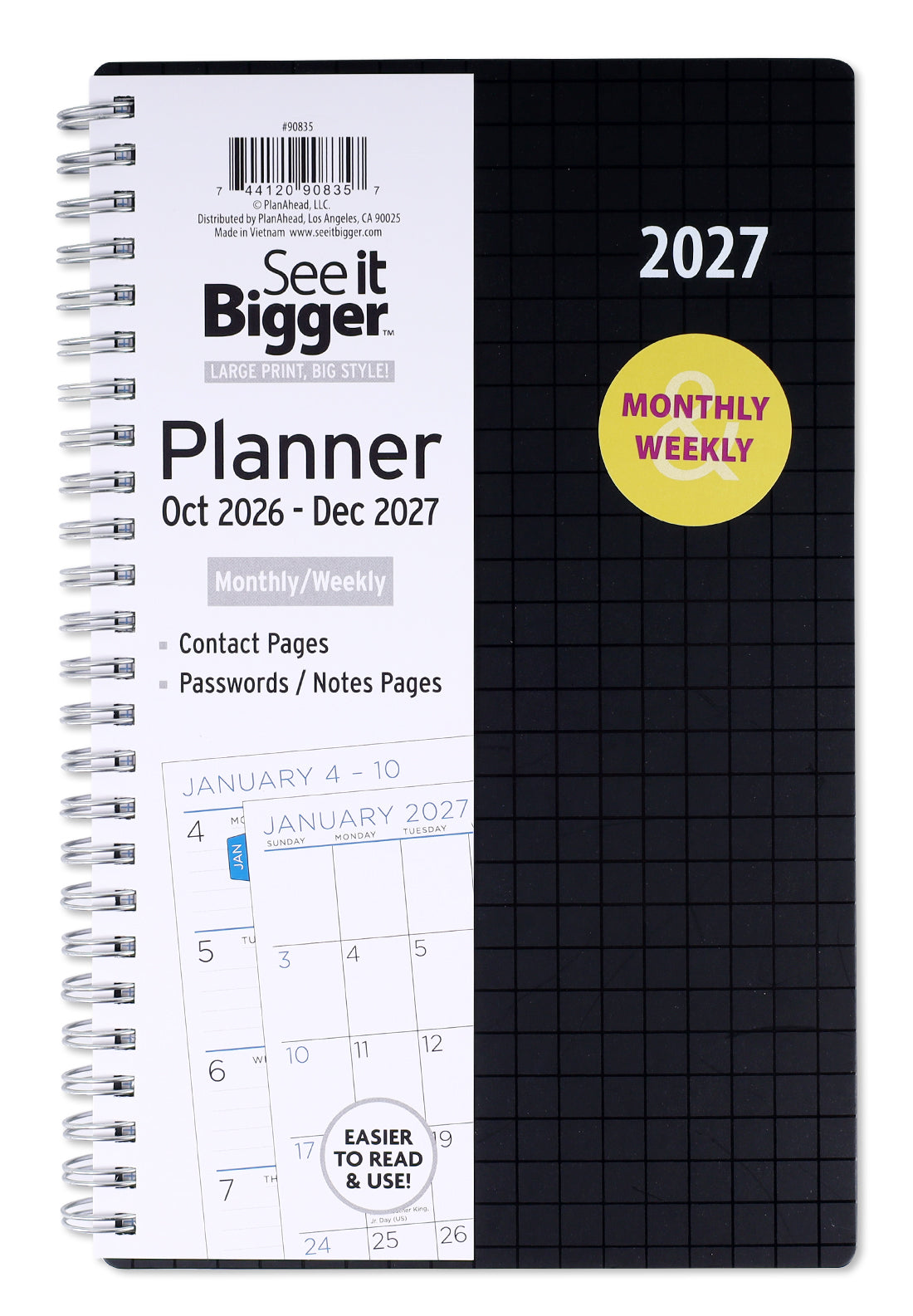 Medium Monthly/Weekly Black Planner (Oct26-Dec27)