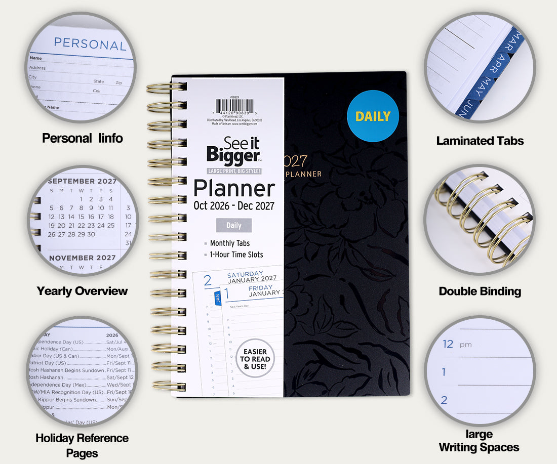 Medium Black Fashion Daily Planner (Oct26-Dec27)