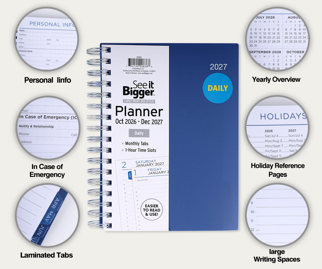 Medium Navy Daily Planner (Oct26-Dec27)