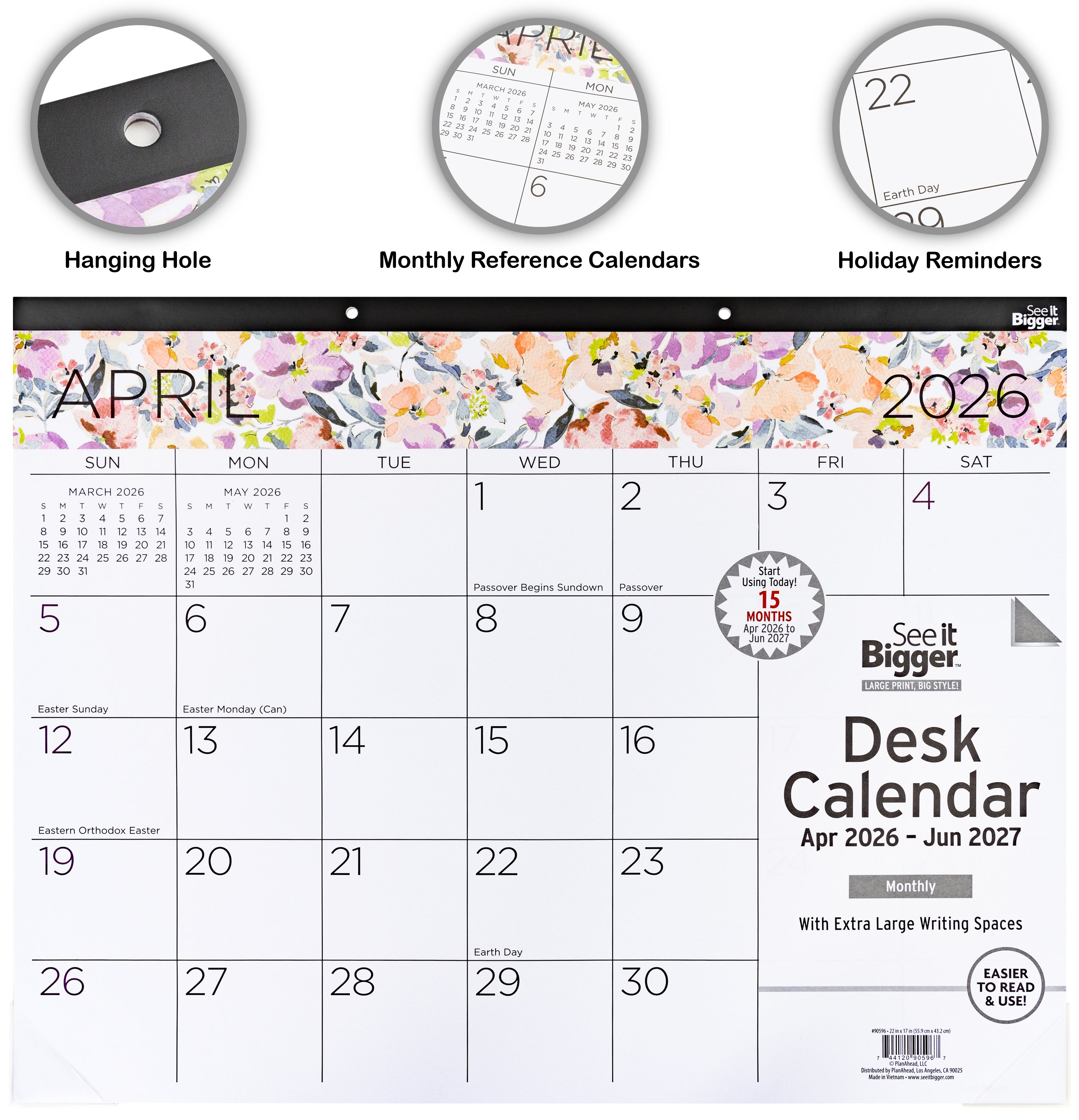 2026 desk calendar with floral design and hanging hole, monthly reference calendars, and holiday reminders.
