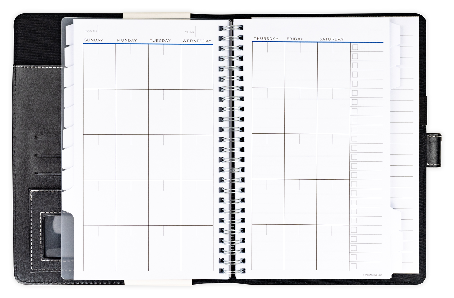Open planner with grid and checklist layout on a white background