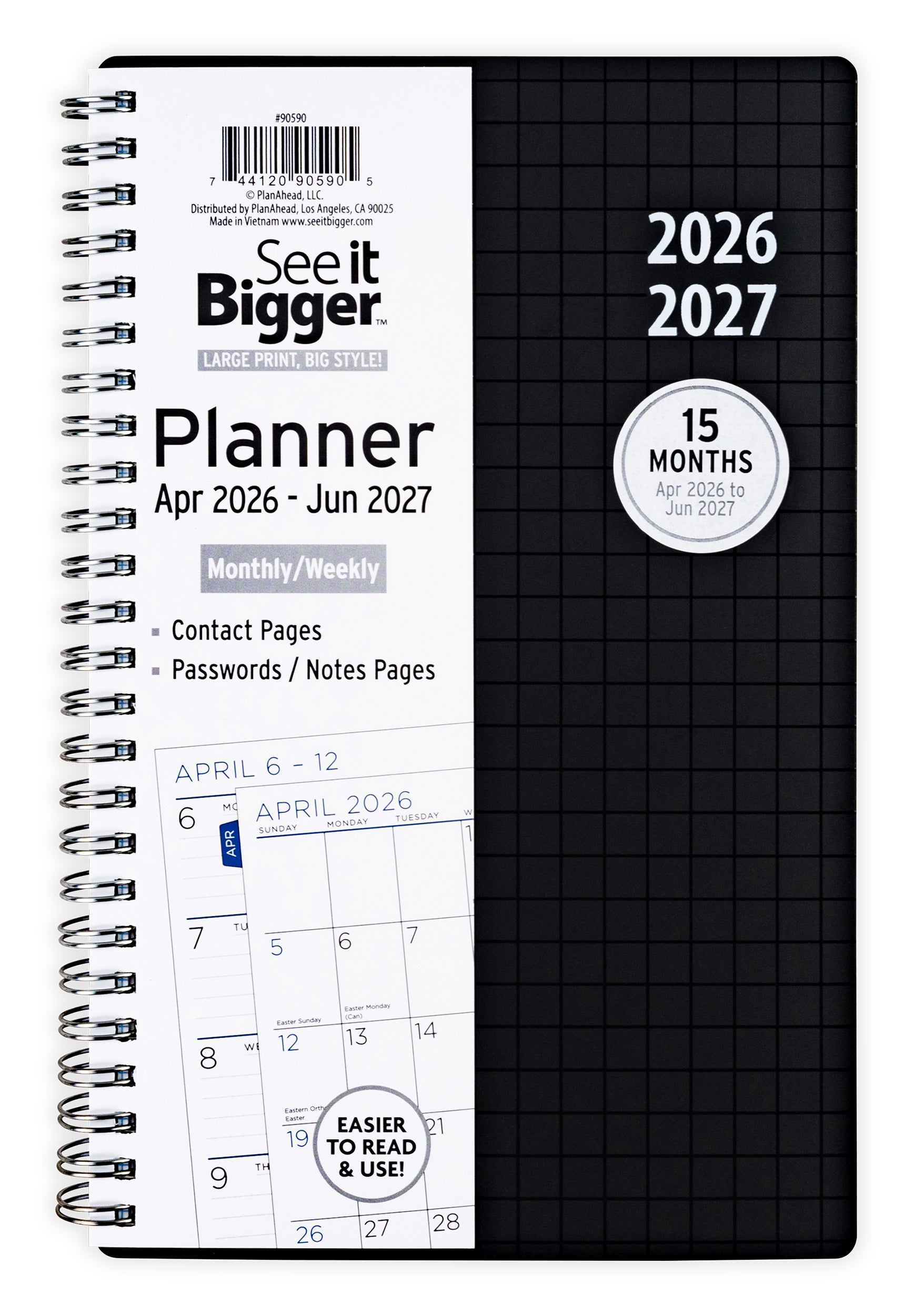 2026-2027 planner with black cover and white front cover displaying monthly/weekly layout. Medium 2026 planner.
