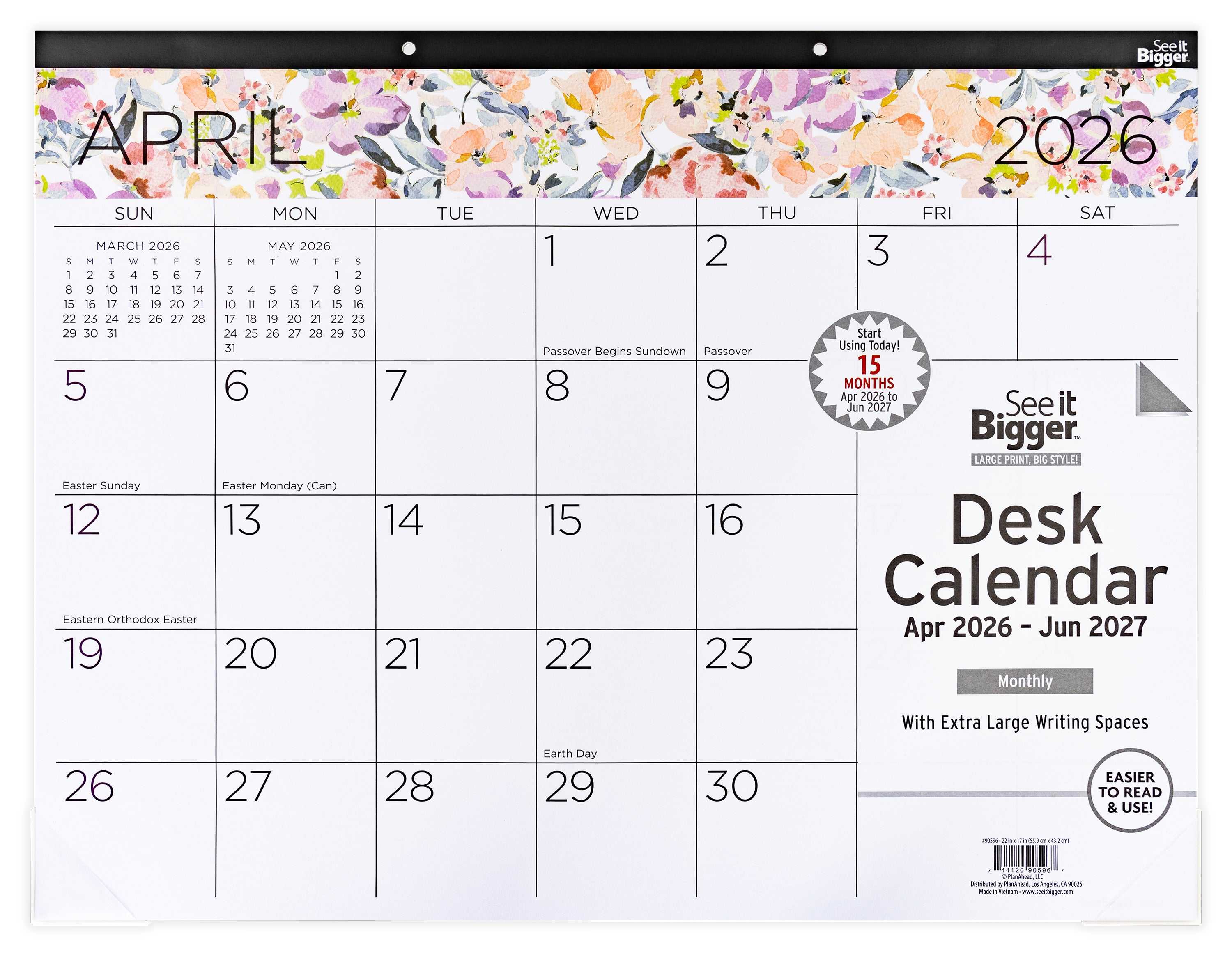 Large desk calendar for April 2026 with floral design and writing spaces