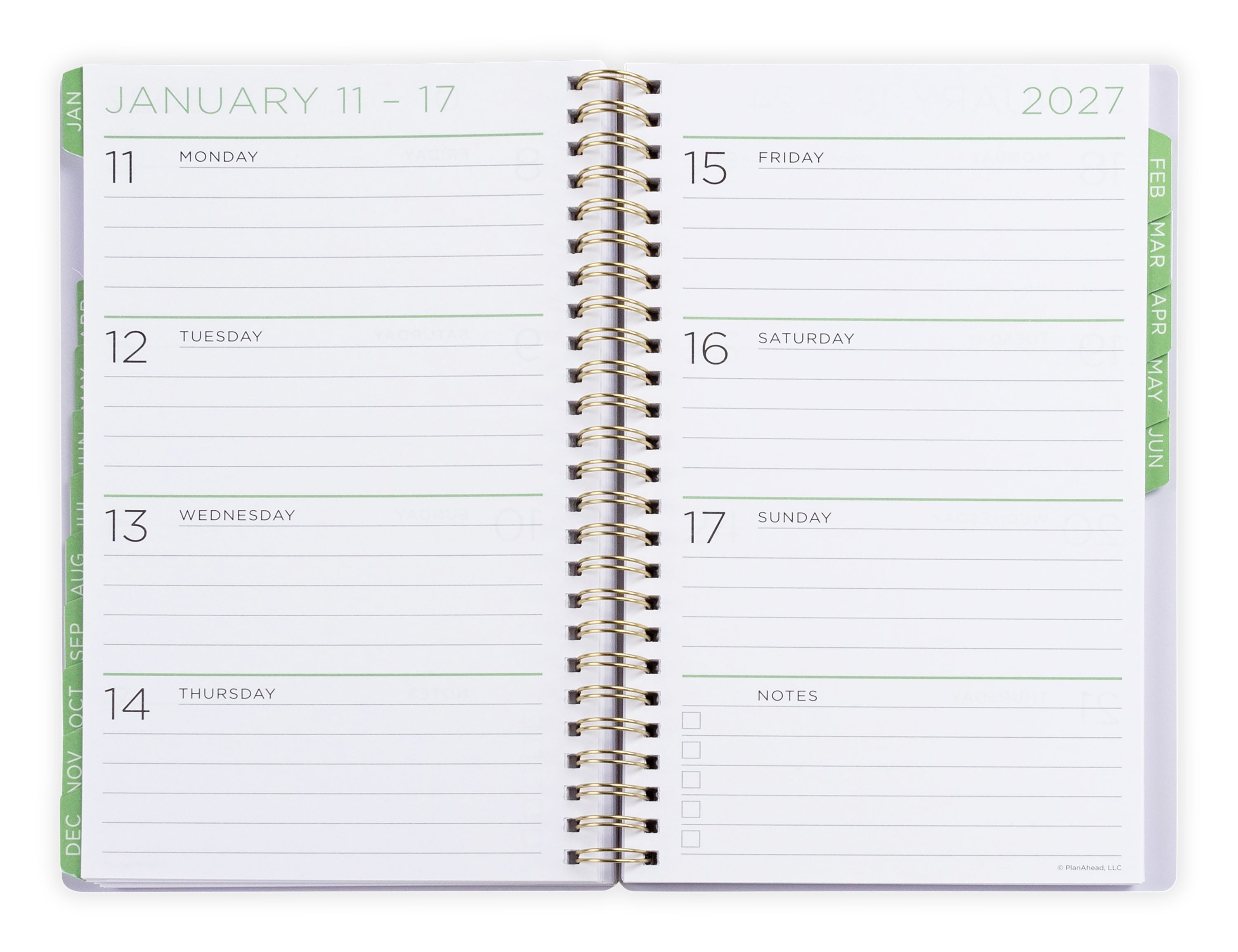 Opened 2026-2027 planner with floral cover displaying monthly/weekly layout. Medium 2026 planner.