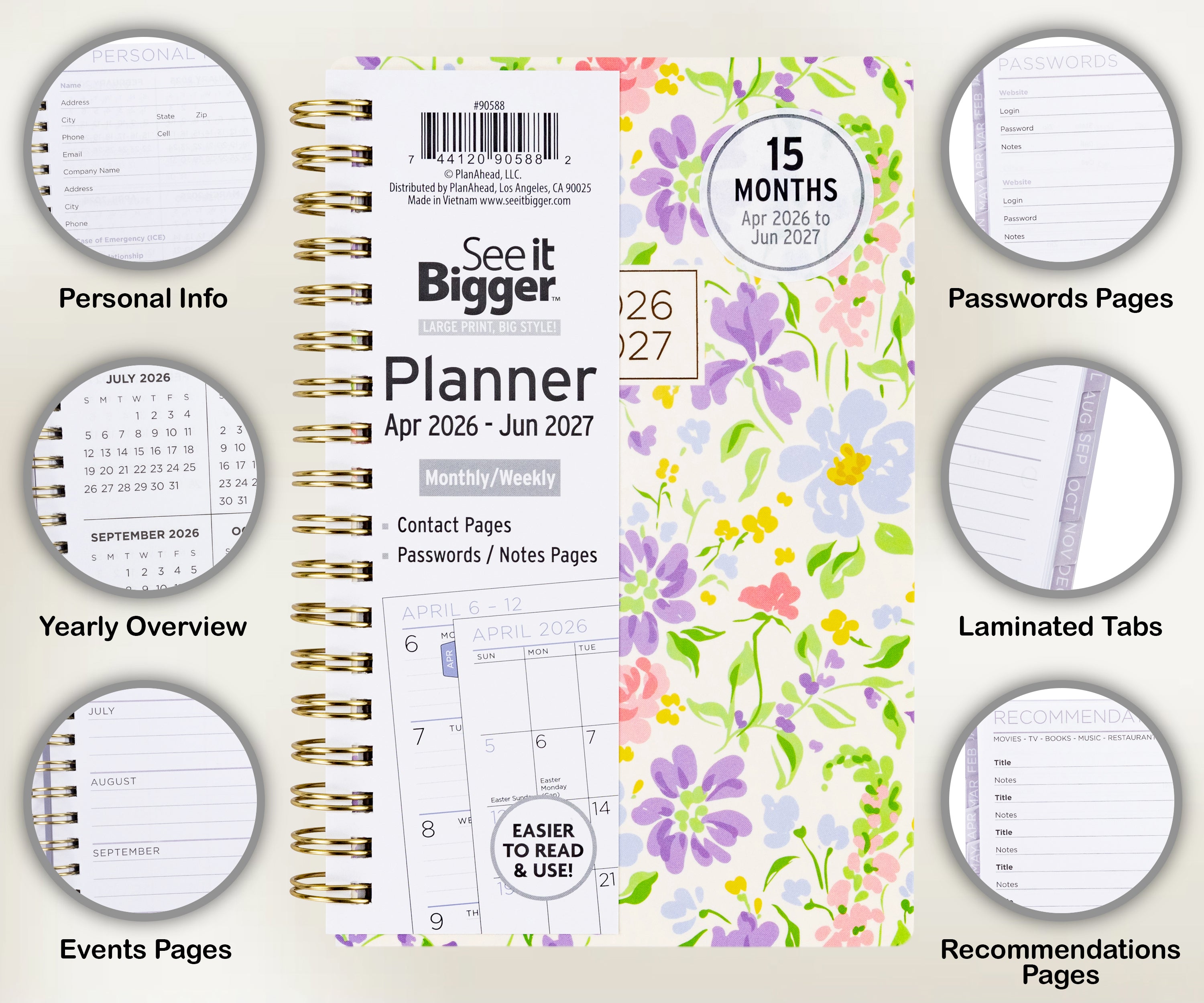 2026-2027 small planner with floral cover displaying monthly/weekly layout. Small 2026 planner. Showing infographics.