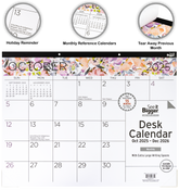 Desk calendar with floral design for October 2025 to December 2026, featuring a tear-away previous month page.