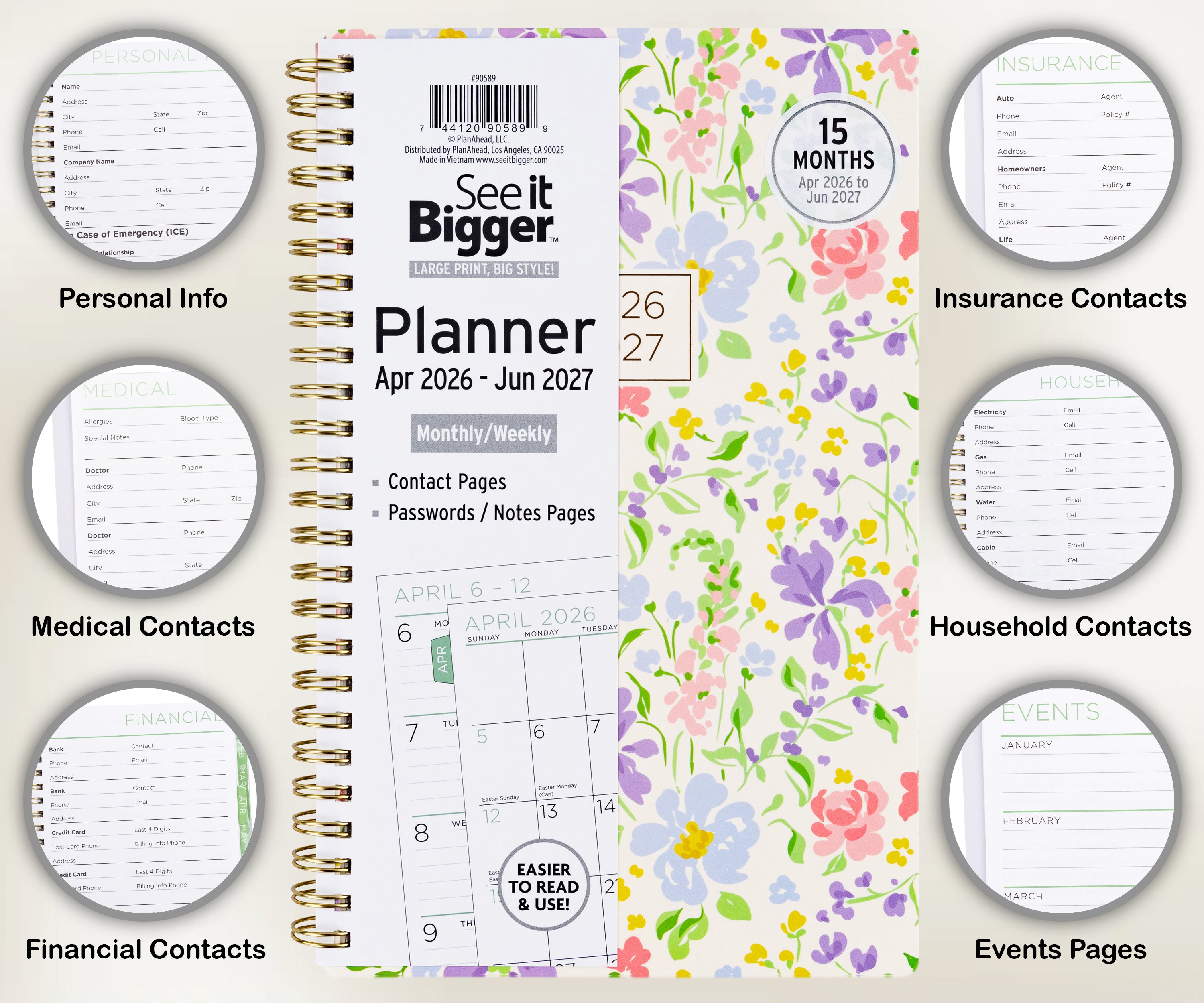 2026-2027 planner with floral cover displaying monthly/weekly layout. Medium 2026 planner. Showing infographics.