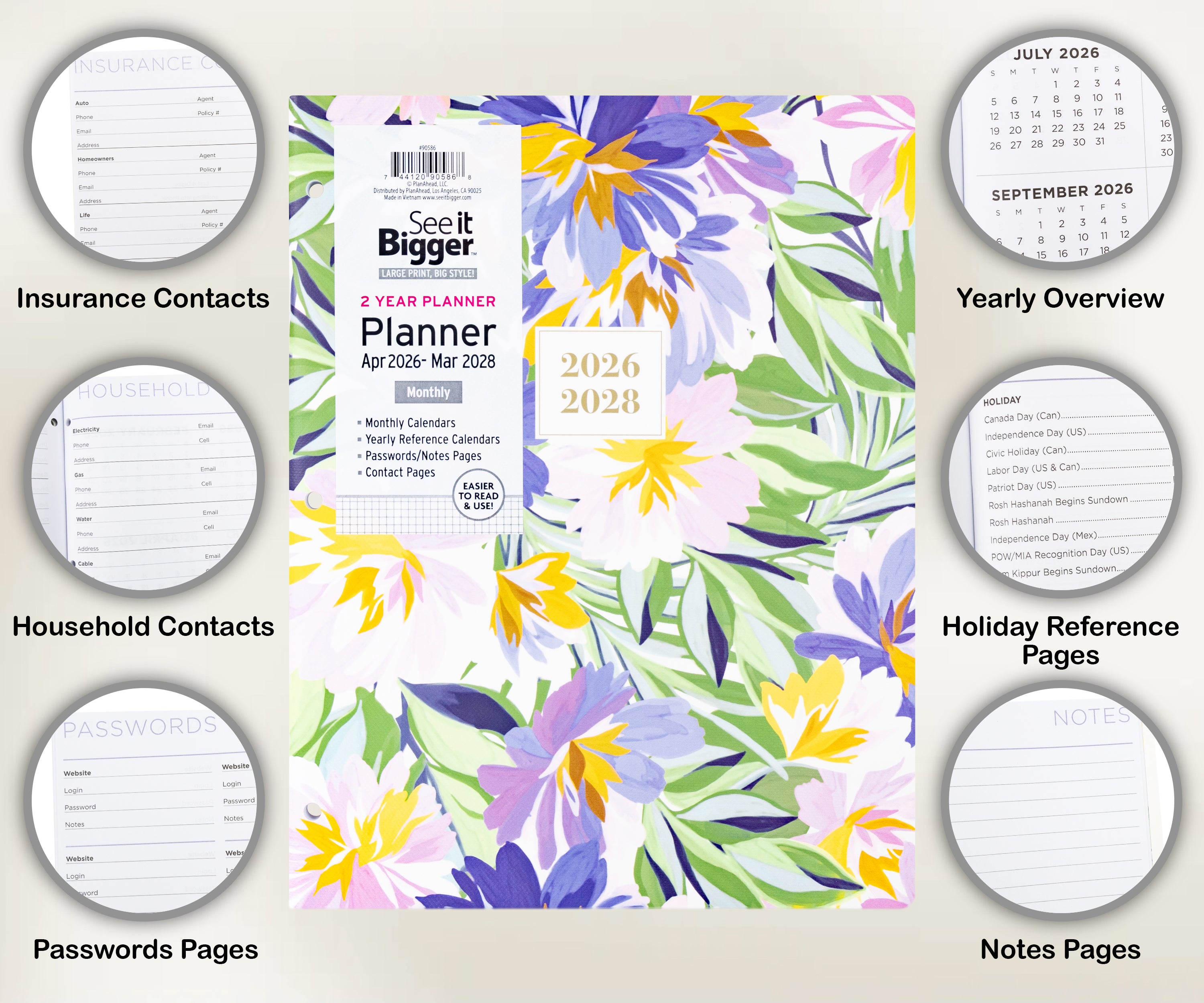 Floral 2 year monthly planner with 2026-2028 dates on a white background. Large 2 year monthly planner showing infographics.