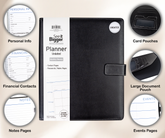 Black planner with various features highlighted on a beige background