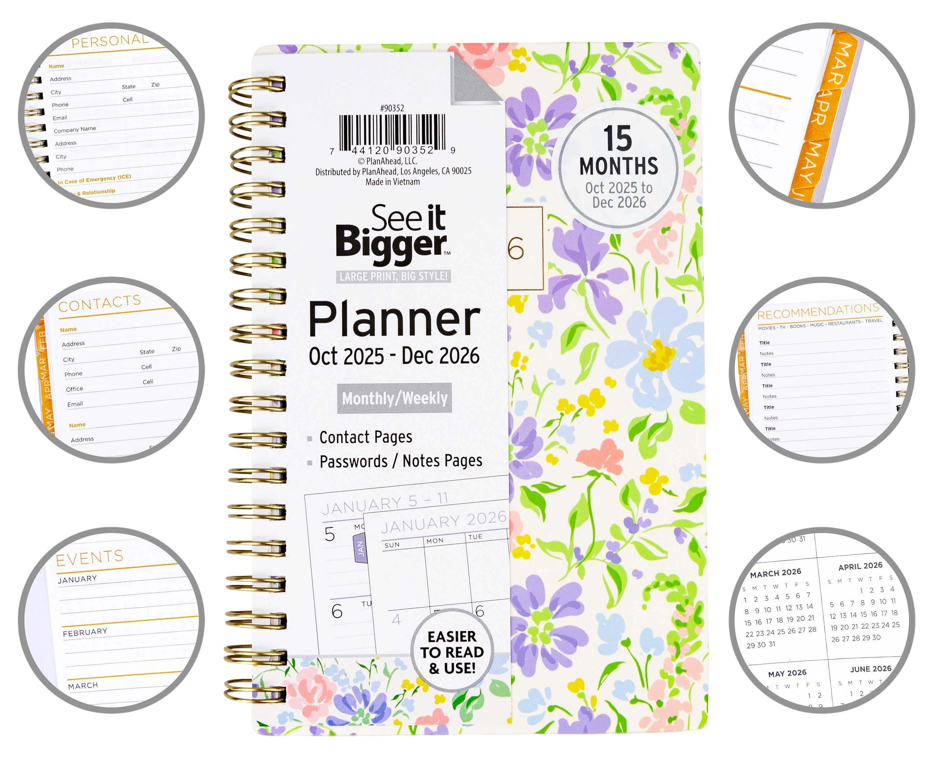 Planner with floral design and various pages displayed on a white background