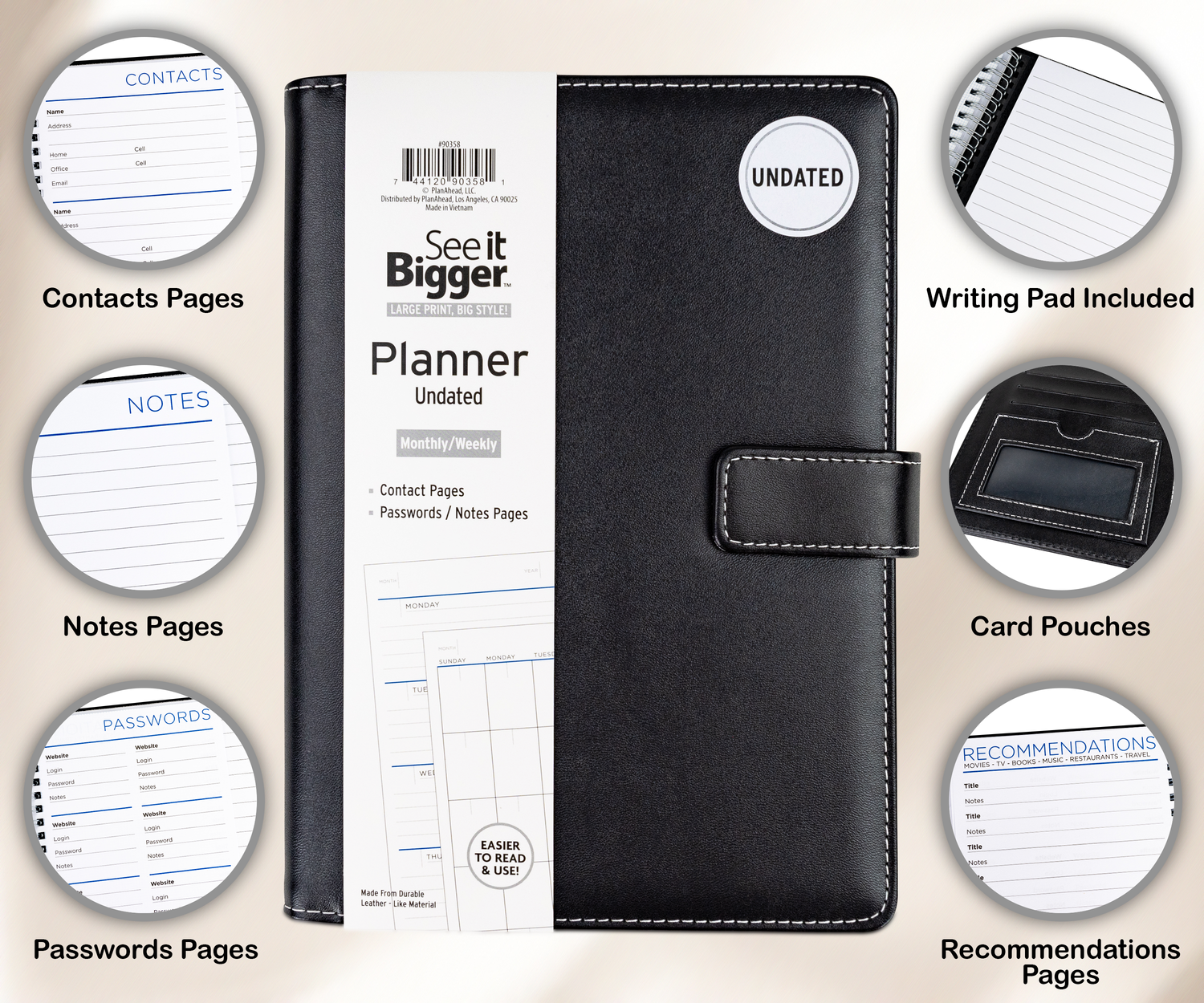 Black planner with various features highlighted on a beige background