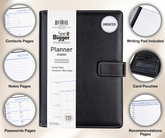 Black planner with various features highlighted on a beige background