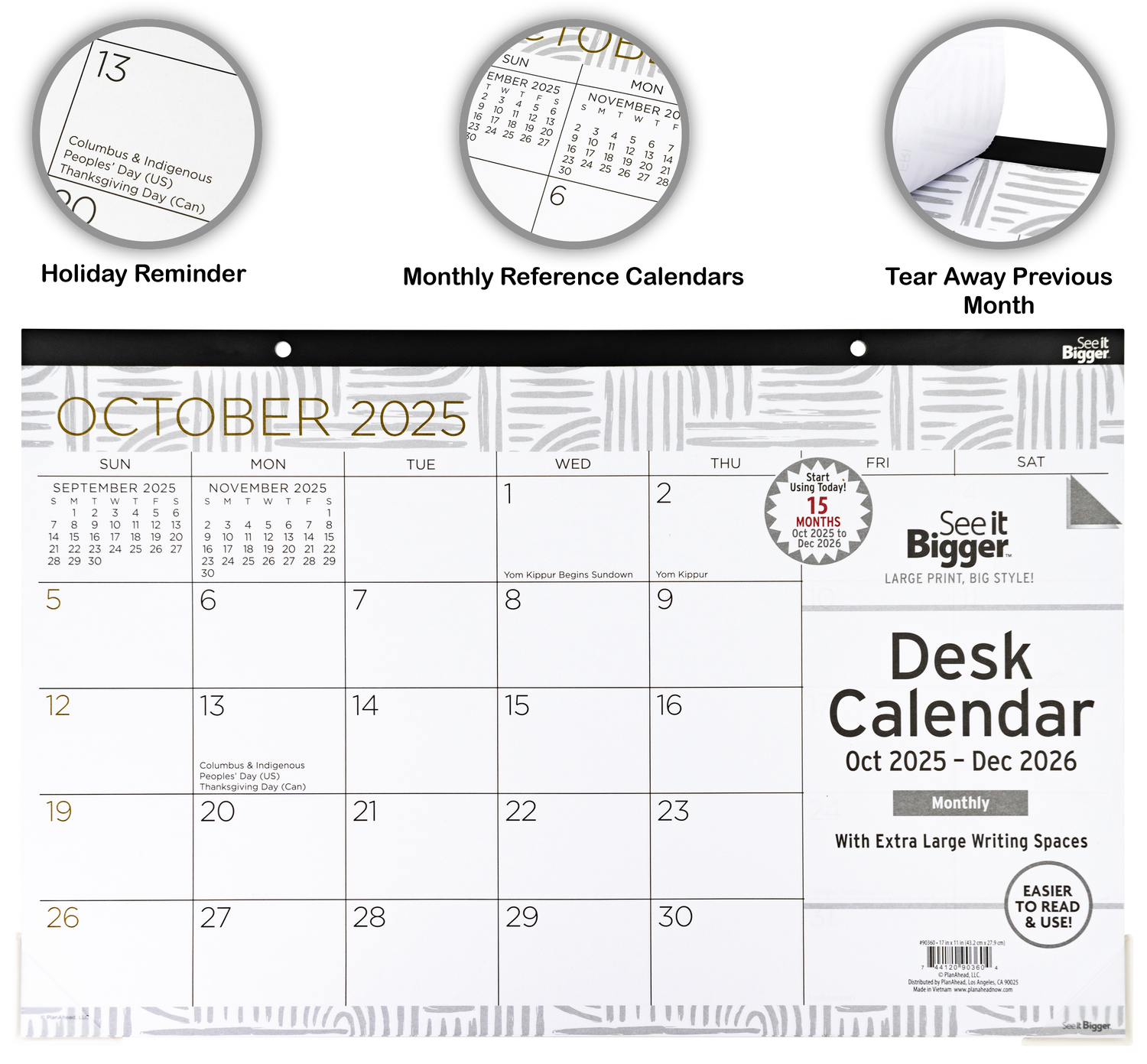 Desk calendar for October 2025 with additional features like holiday reminder and monthly reference calendars.