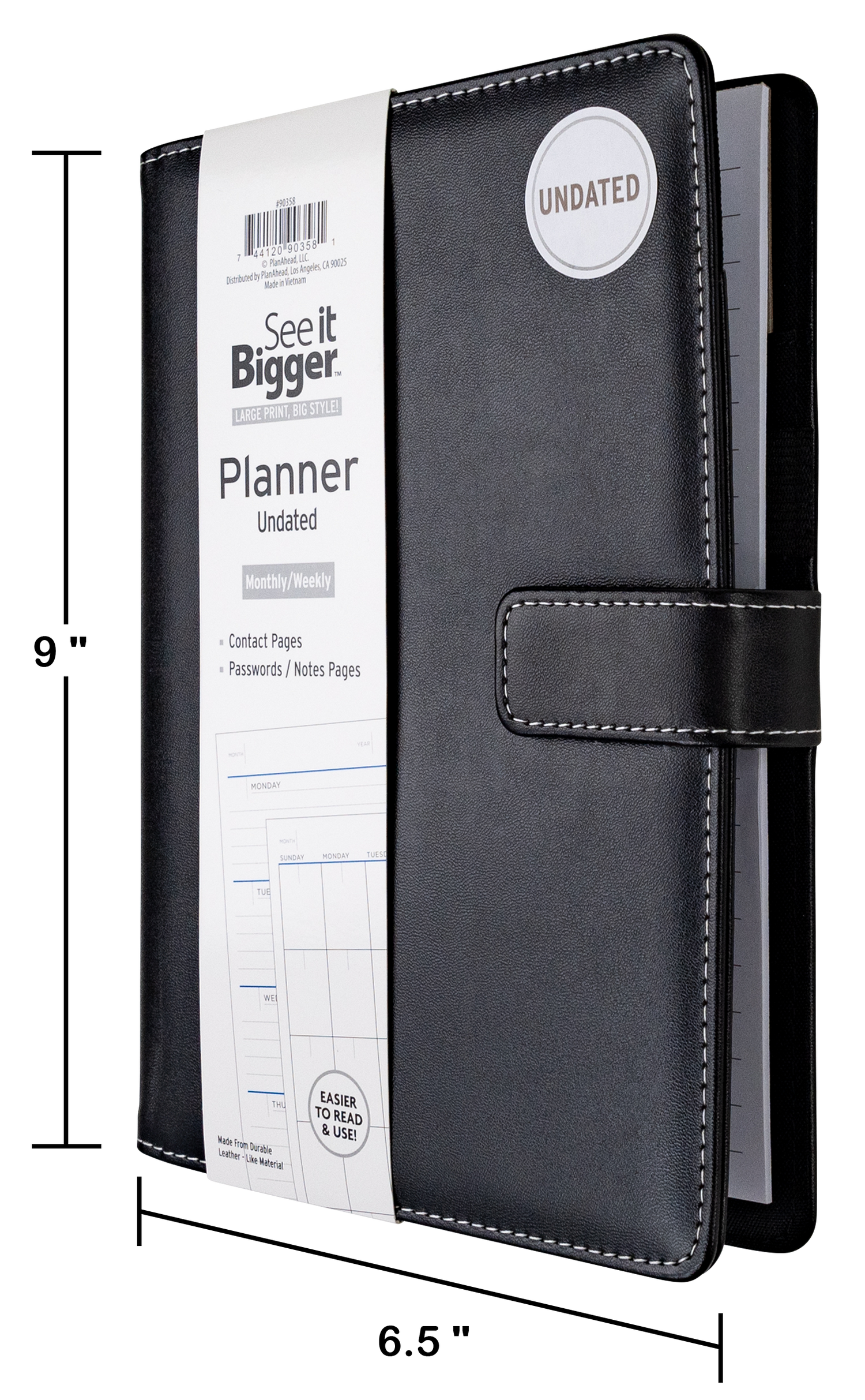 Black planner with dimensions labeled on a white background