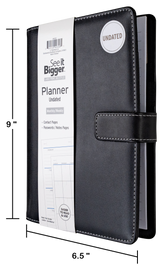 Black planner with dimensions labeled on a white background