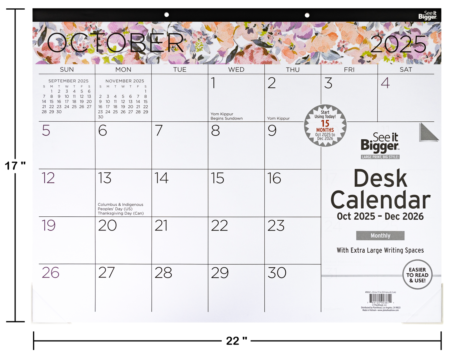 Desk calendar for October 2025 with floral design and dimensions displayed