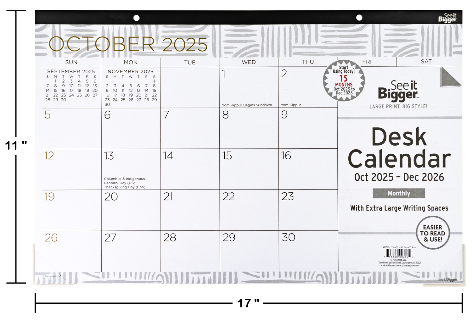 Desk calendar for October 2025 with dimensions and branding details.