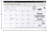 Desk calendar for October 2025 with dimensions and branding details.