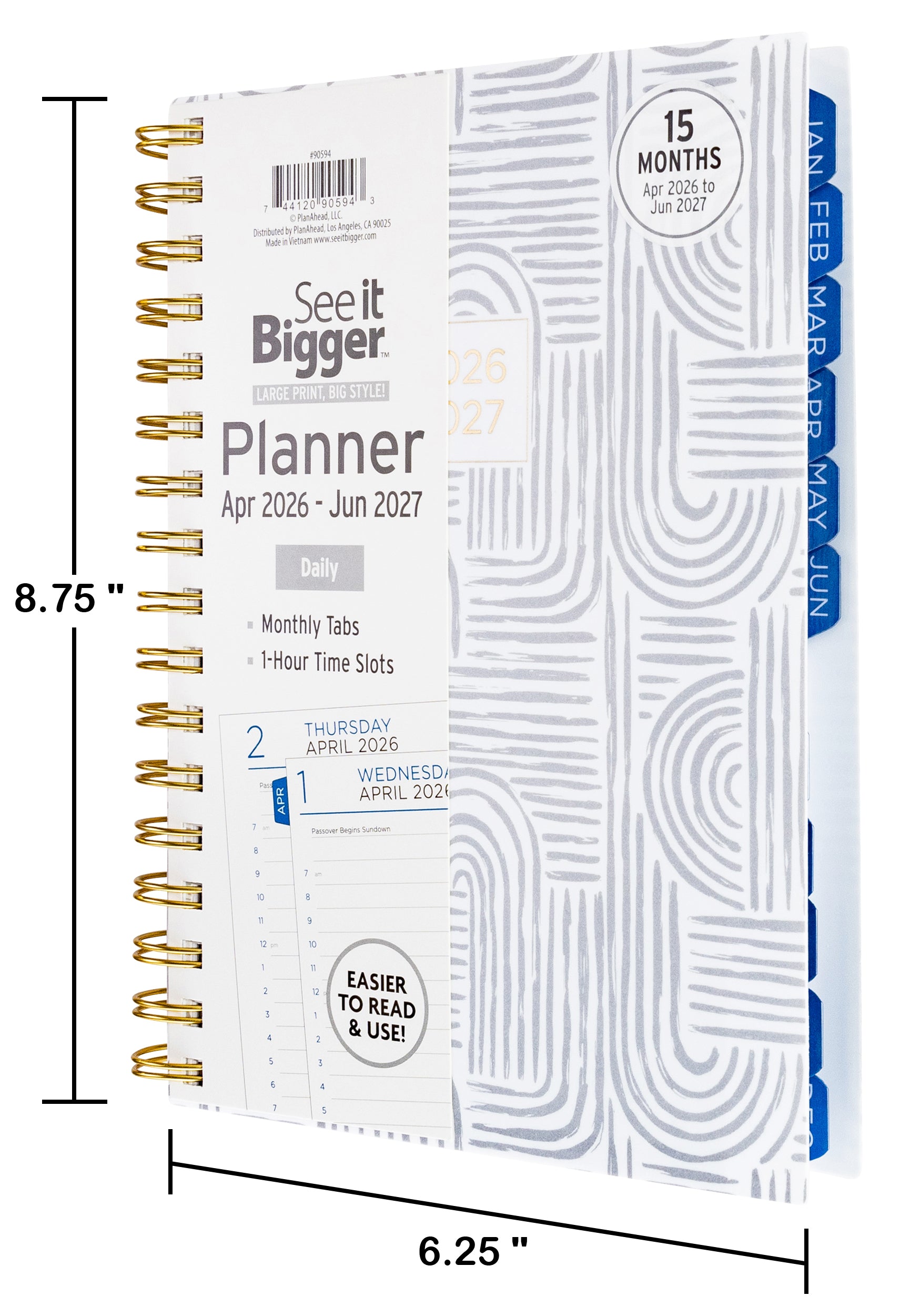 Daily planner with geometric design and dimensions labeled for size dimensions.