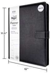 Black planner with dimensions labeled on a white background