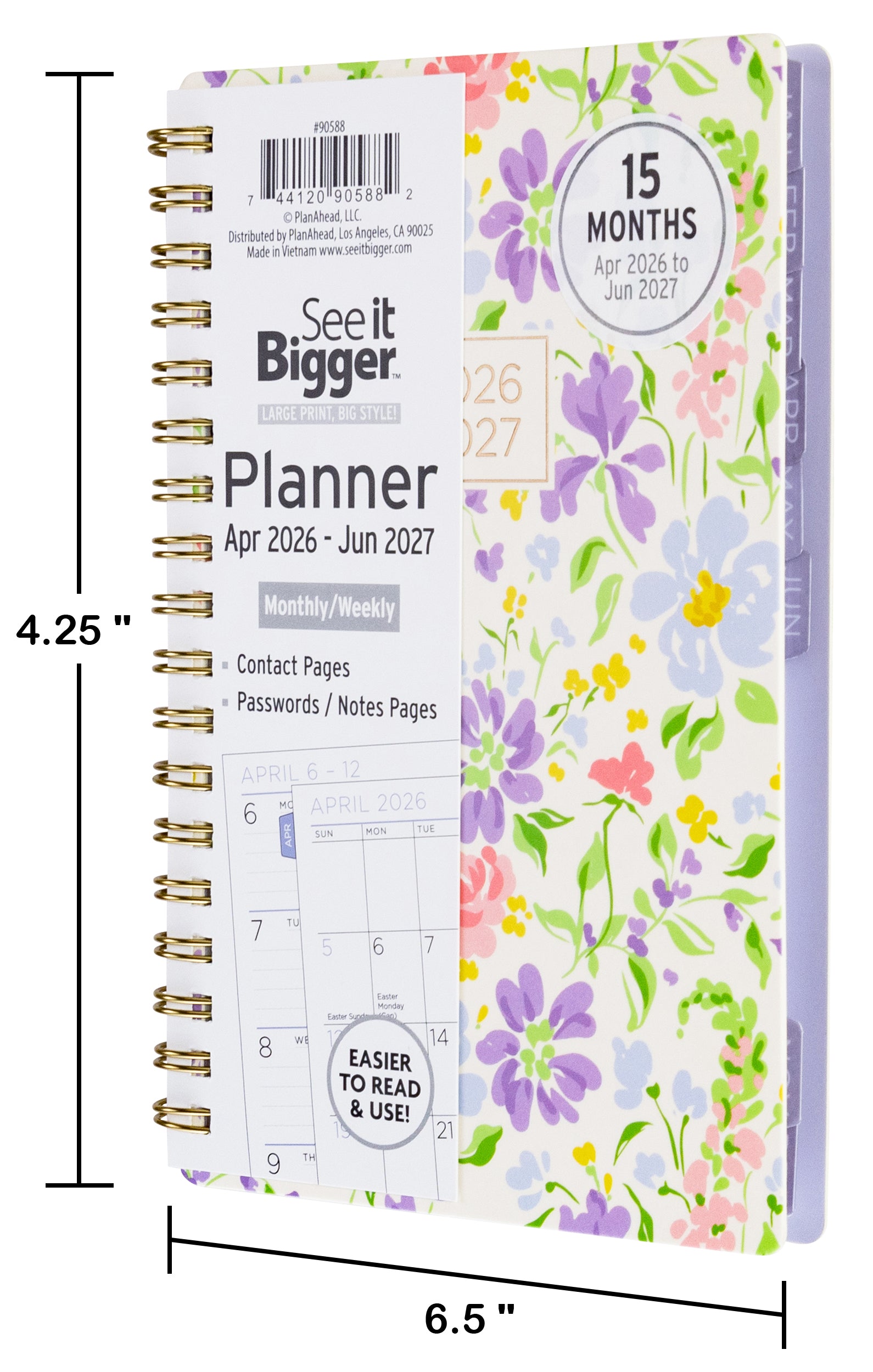 2026-2027 small planner with floral cover displaying monthly/weekly layout. Small 2026 planner. Showing size dimensions.