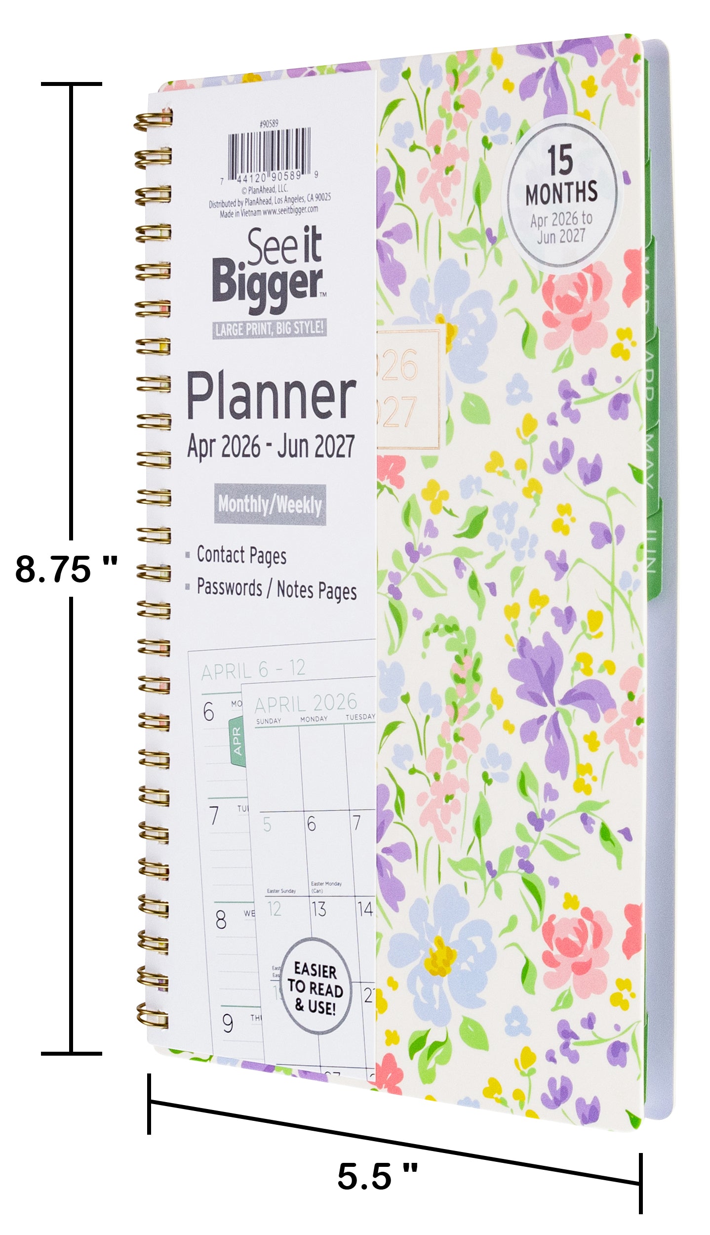 2026-2027 planner with floral cover displaying monthly/weekly layout. Medium 2026 planner. Showing size dimensions for medium planner.