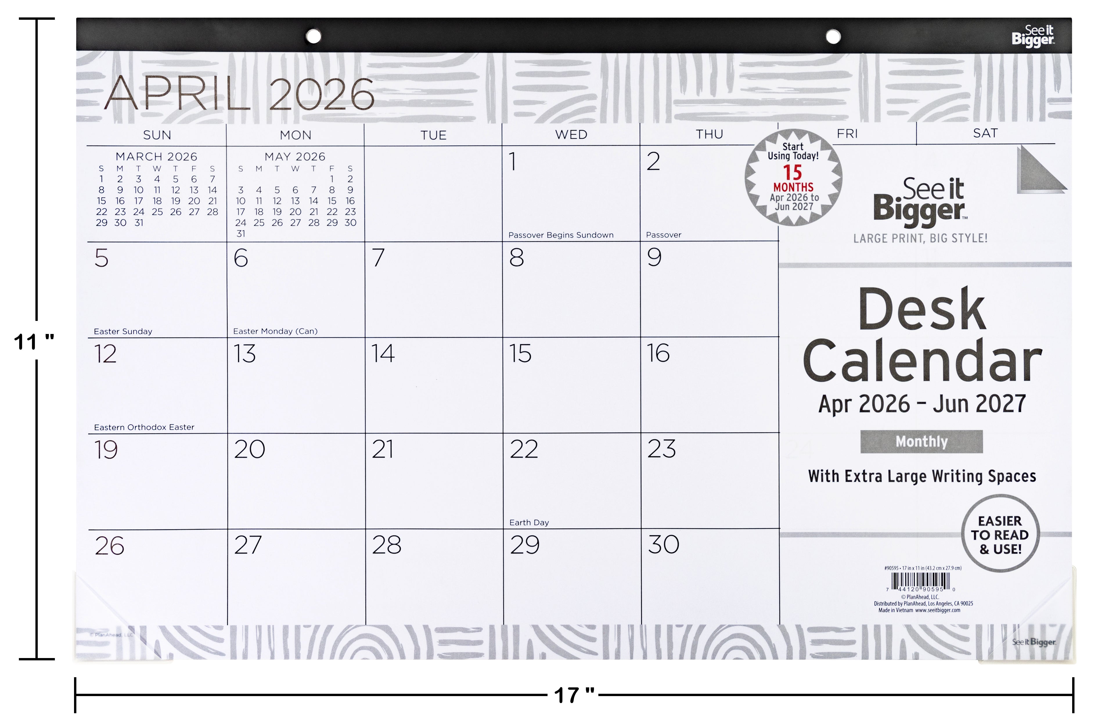 Desk calendar for April 2026 with dimensions and branding details.
