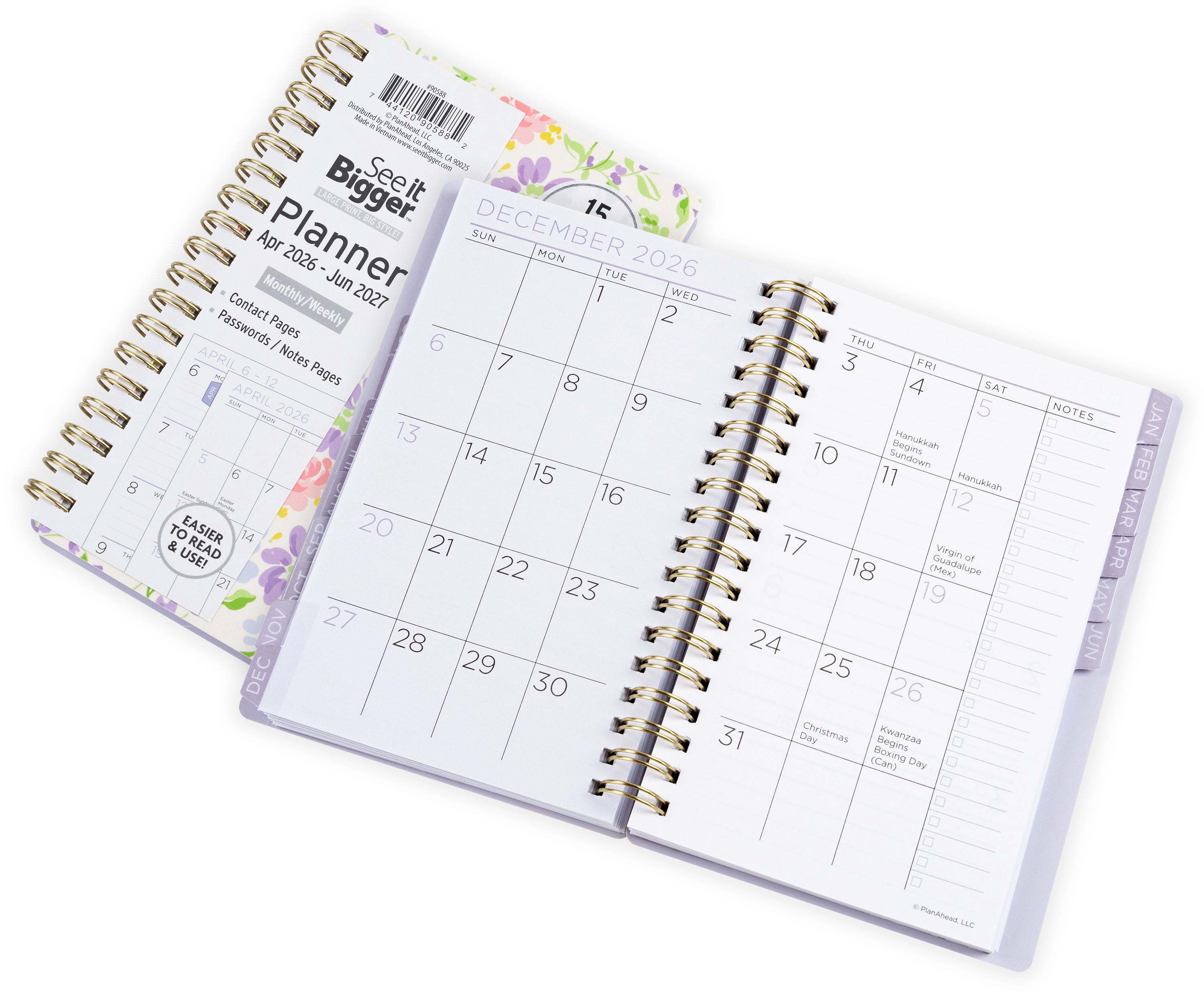 2026-2027 small planner with floral cover displaying monthly/weekly layout. Small 2026 planner. Opened and closed planner view.