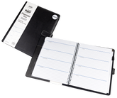 Black planner with open pages on a white background