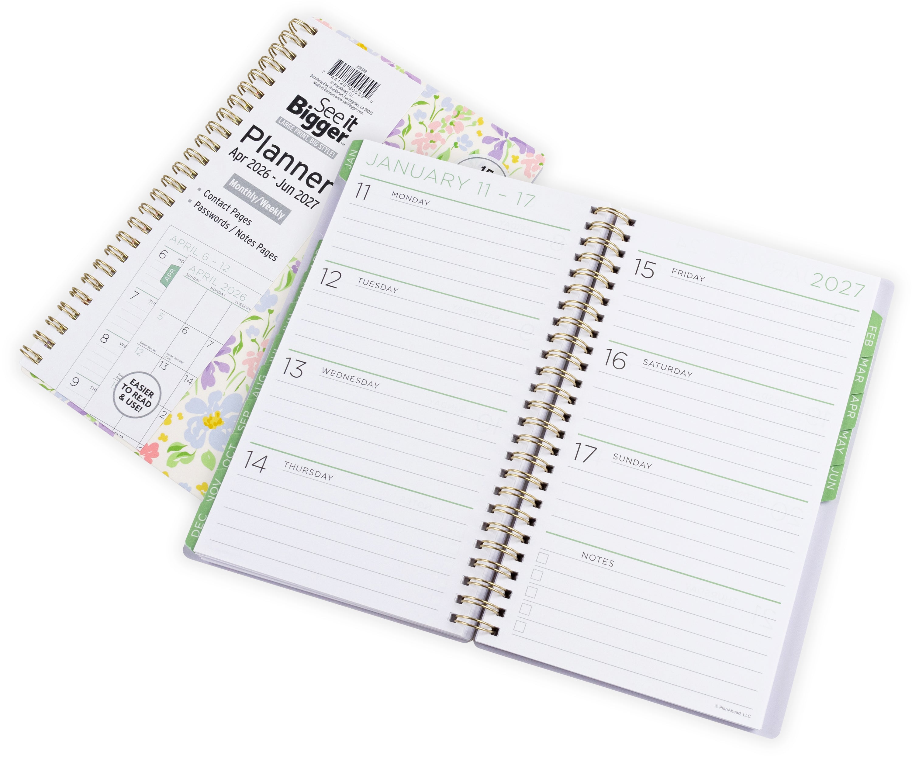 2026-2027 planner with floral cover displaying monthly/weekly layout. Medium 2026 planner. Opened planner also showing cover.