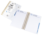 Open weekly planner with spiral binding on a white background