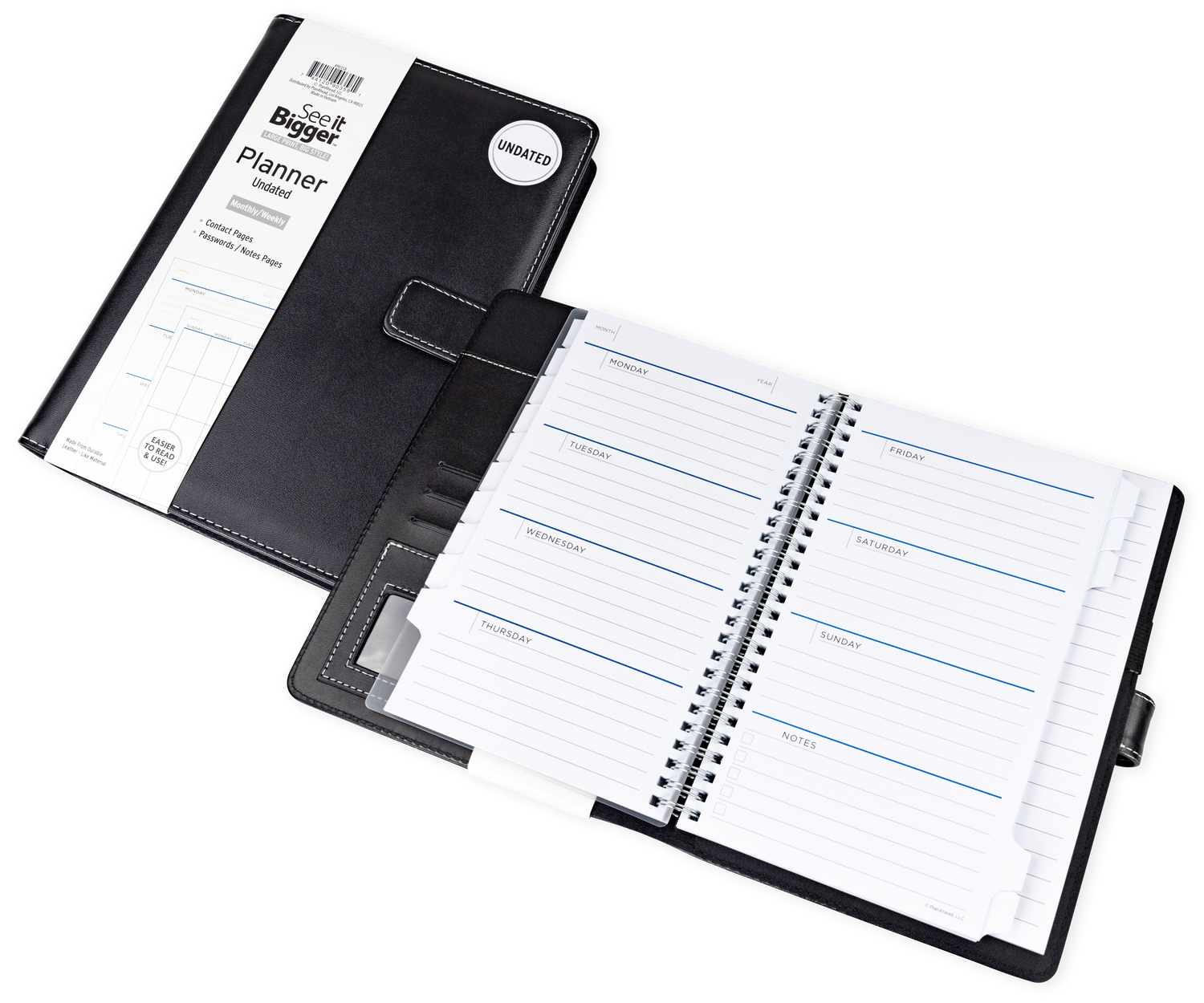 Black planner with open pages on a white background