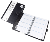 Black planner with open pages on a white background