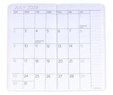An open monthly calendar page for July 2028, showing a grid layout with days of the week, handwritten date markings, and lined writing space on the right side.