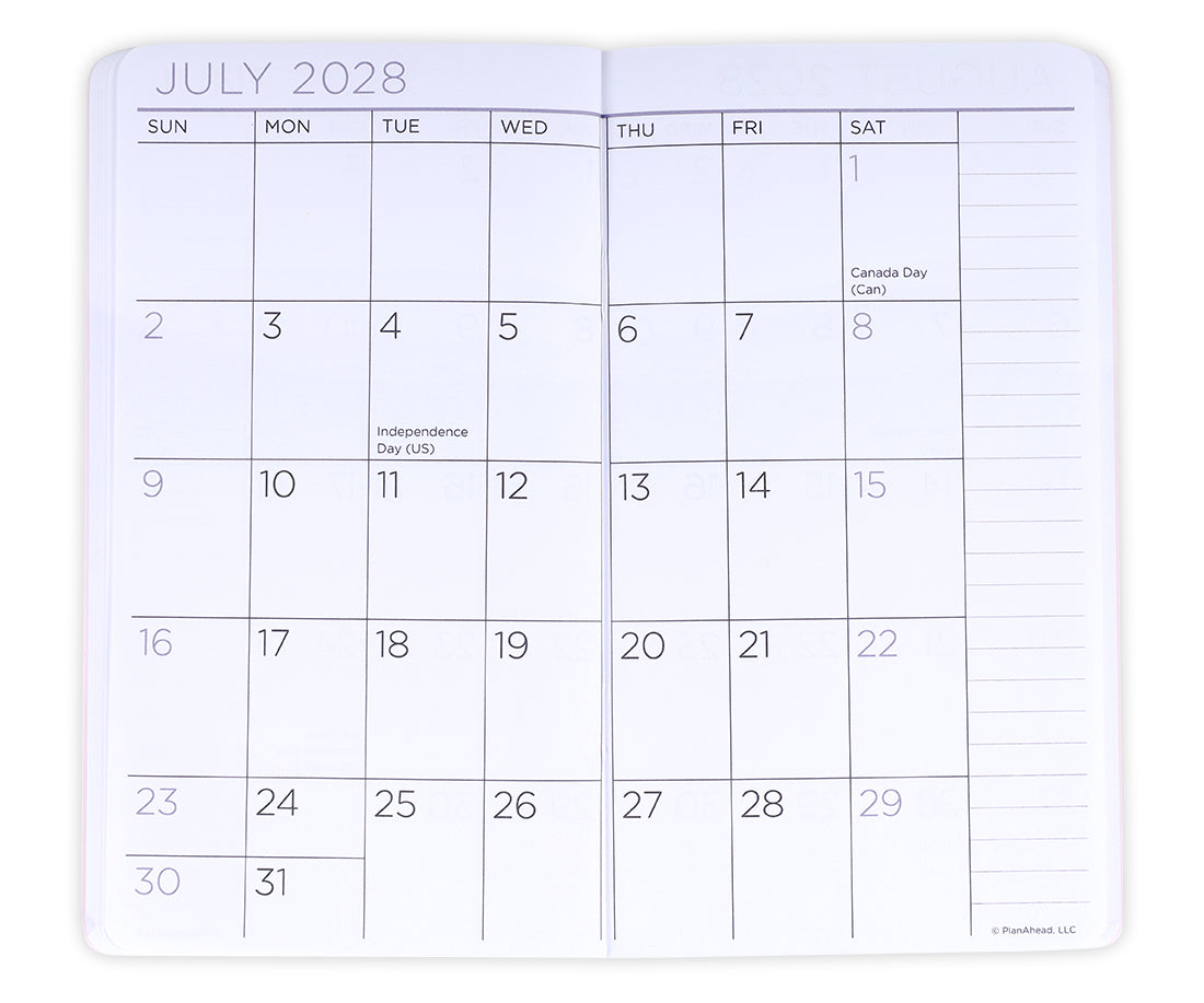 An open monthly calendar page for July 2028, showing a grid layout with days of the week, handwritten date markings, and lined writing space on the right side.