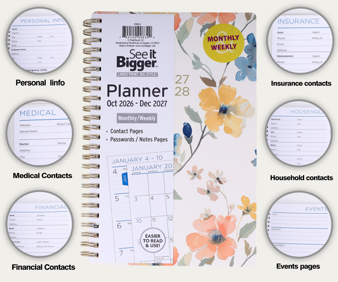 Medium Monthly/Weekly Floral Planner (Oct26-Dec27)