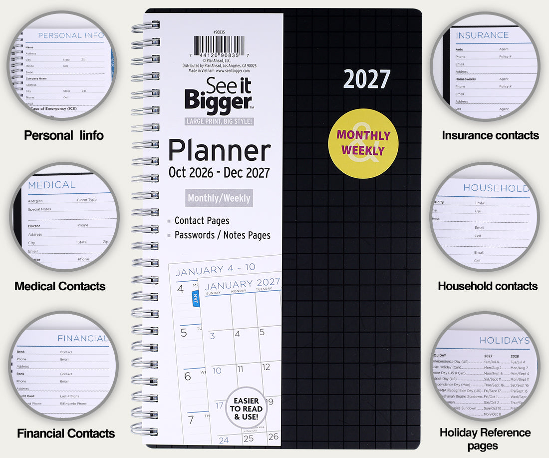 Medium Monthly/Weekly Black Planner (Oct26-Dec27)