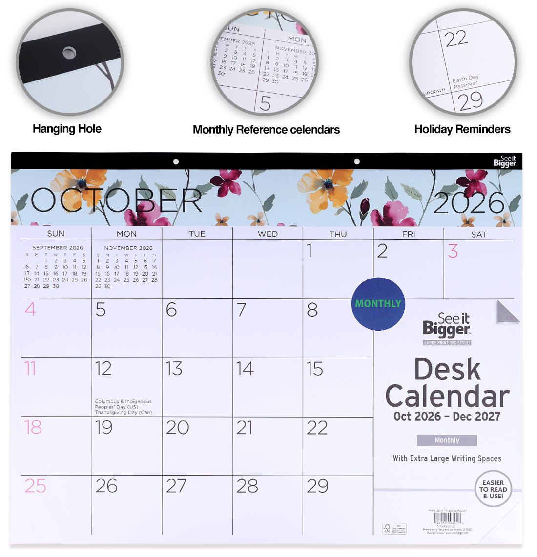 17" x 22" Monthly Desk Pad Calendar (Oct26-Dec27)