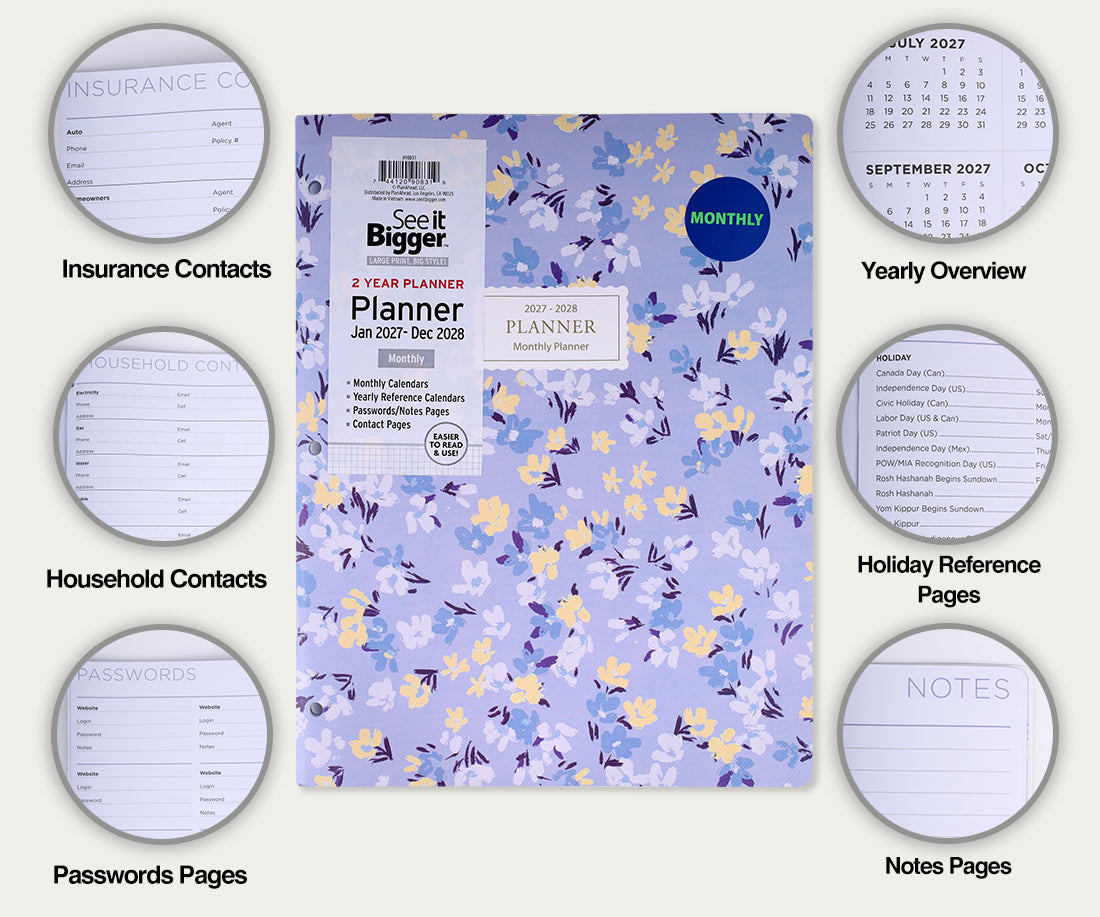 2Yr Large Monthly Floral Planner (Jan27-Dec28)