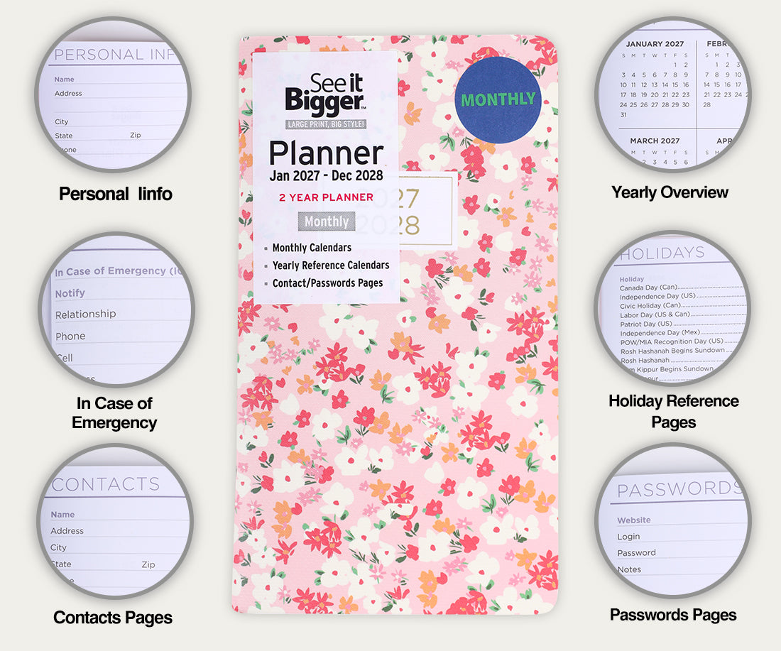 A floral monthly planner cover shown centered on a light beige background, surrounded by circular callouts labeled for personal info, emergency contacts, contacts pages, yearly overview, holidays reference pages, passwords pages, and a monthly calendar. The planner reads &