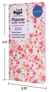 A See It Bigger 2 Year Pocket Planner with a pink floral cover, shown with dimension lines indicating its height of 6.75 inches and width of 3.75.