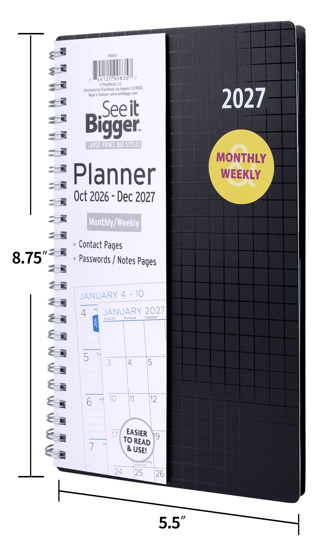Medium Monthly/Weekly Black Planner (Oct26-Dec27)