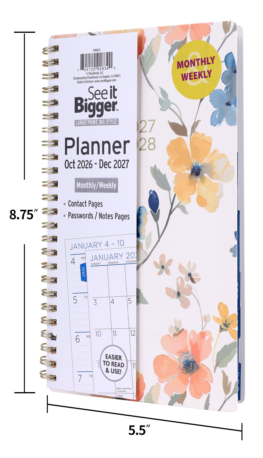 Medium Monthly/Weekly Floral Planner (Oct26-Dec27)