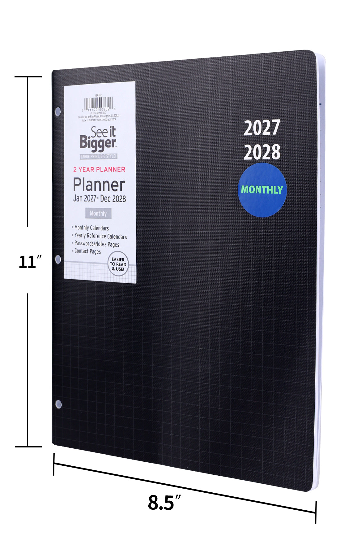 A black monthly planner with a grid pattern, shown with dimension lines indicating 11 inches tall and 8.5 inches wide, with a white label on the left side showing the brand &