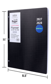 A black monthly planner with a grid pattern, shown with dimension lines indicating 11 inches tall and 8.5 inches wide, with a white label on the left side showing the brand &