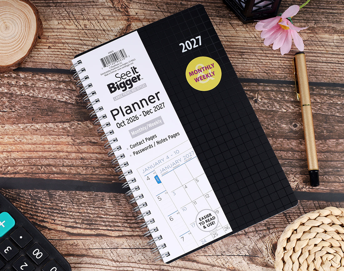 Medium Monthly/Weekly Black Planner (Oct26-Dec27)