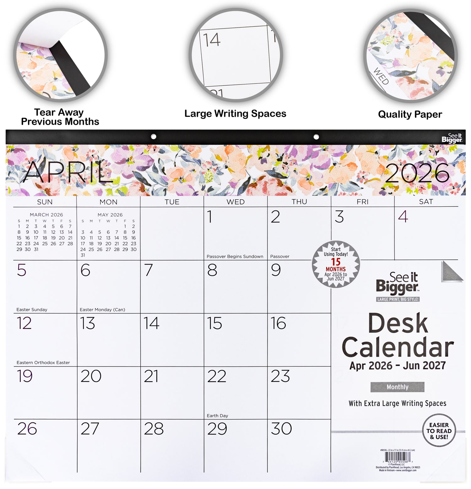2026 desk calendar with floral design and large writing spaces