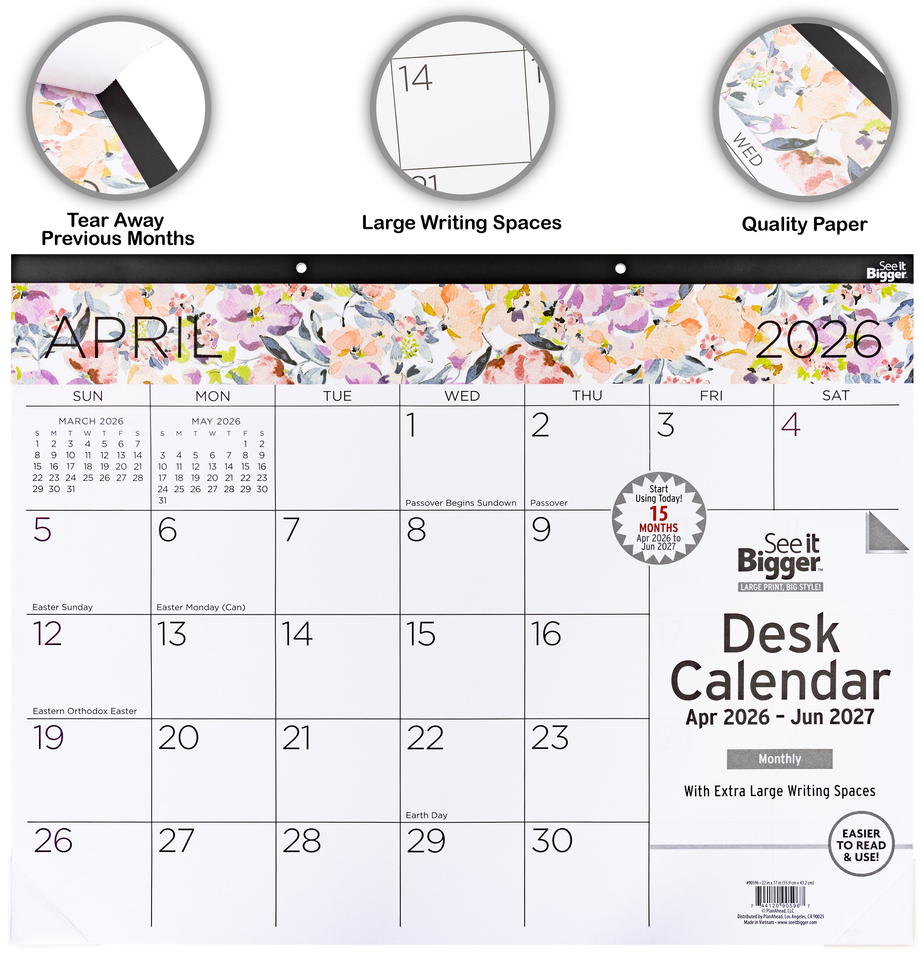 2026 desk calendar with floral design and large writing spaces