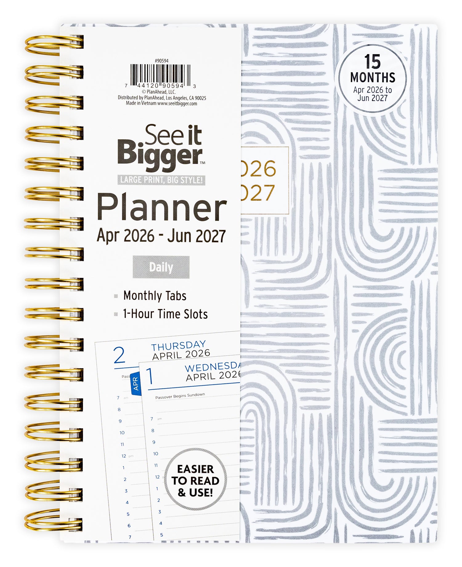 2026 Daily planner with gold spiral binding and white cover displaying &