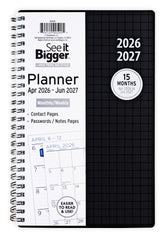 2026-2027 planner with black cover and white front cover displaying monthly/weekly layout. Medium 2026 planner.